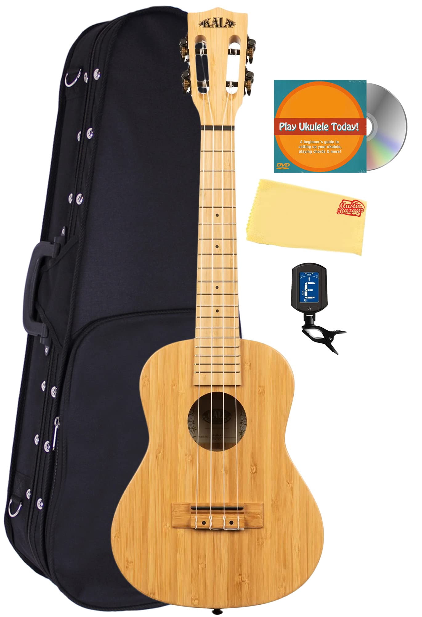 Kala KA-BMB-C Bamboo Concert Ukulele Bundle with Hard Case, Tuner, Austin Bazaar Instructional DVD, and Polishing Cloth