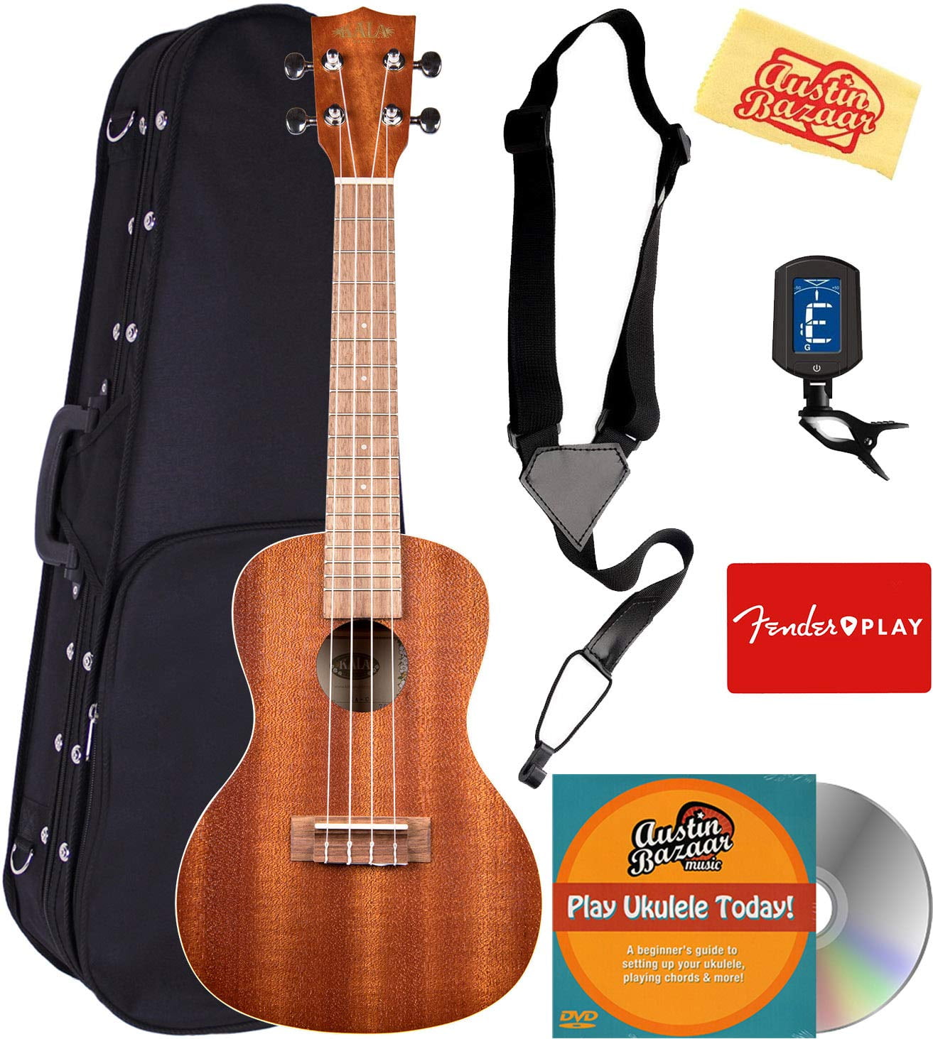 Kala KA-C Mahogany Concert Ukulele Bundle with Hard Case, Clip-On Tuner, Austin Bazaar Instructional DVD, and Polishing Cloth