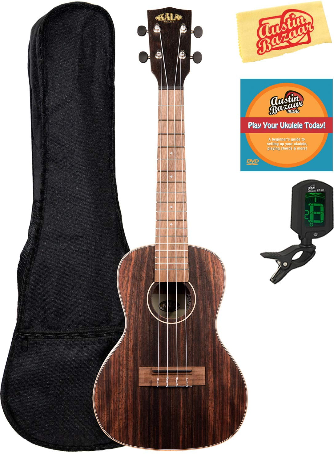 Kala KA-EBY-C Striped Ebony Concert Ukulele Bundle with Gig Bag, Tuner, Austin Bazaar Instructional DVD, and Polishing Cloth