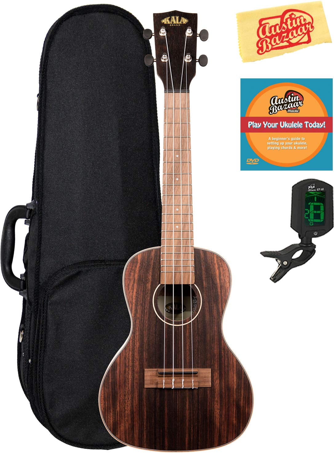 Kala KA-EBY-C Striped Ebony Concert Ukulele Bundle with Hard Case, Tuner, Austin Bazaar Instructional DVD, and Polishing Cloth