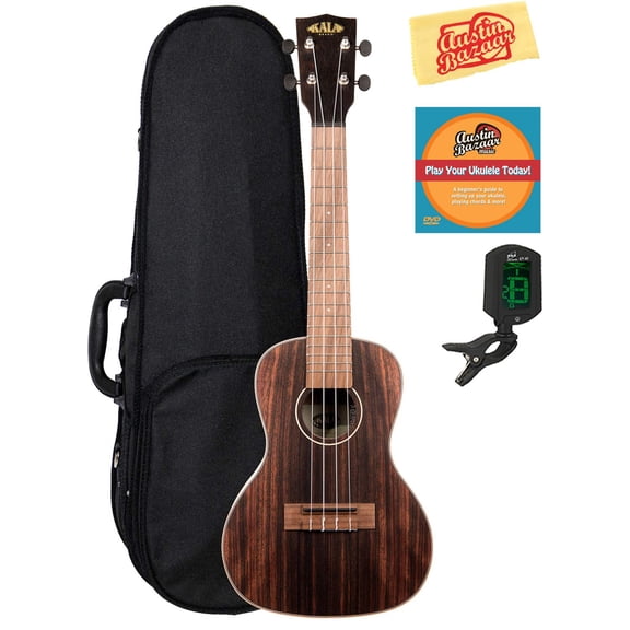 Kala KA-EBY-C Striped Ebony Concert Ukulele Bundle with Hard Case, Tuner, Austin Bazaar Instructional DVD, and Polishing Cloth
