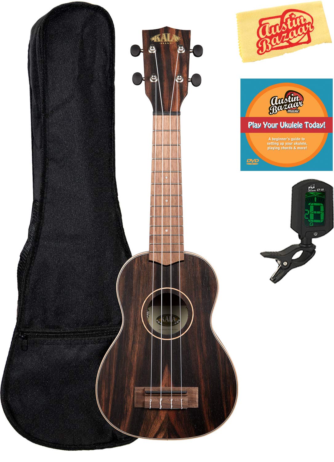 Kala KA-EBY-S Striped Ebony Soprano Ukulele Bundle with Gig Bag, Tuner, Austin Bazaar Instructional DVD, and Polishing Cloth
