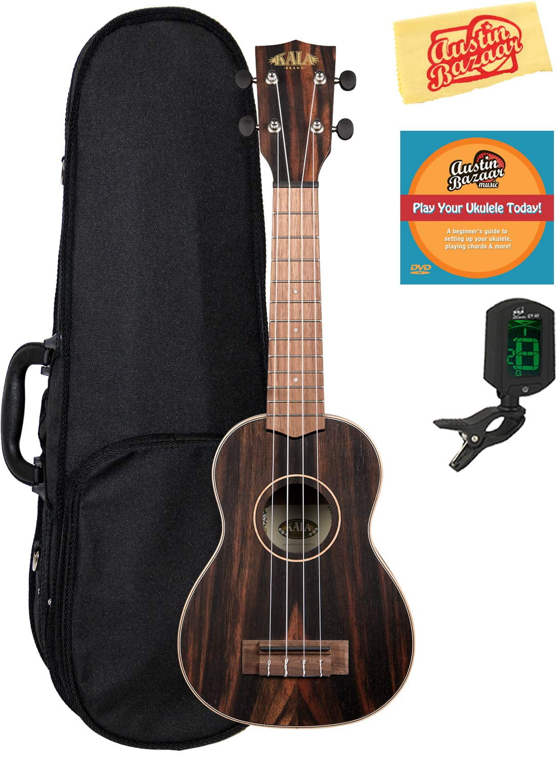 Kala KA-EBY-S Striped Ebony Soprano Ukulele Bundle with Hard Case, Tuner, Austin Bazaar Instructional DVD, and Polishing Cloth