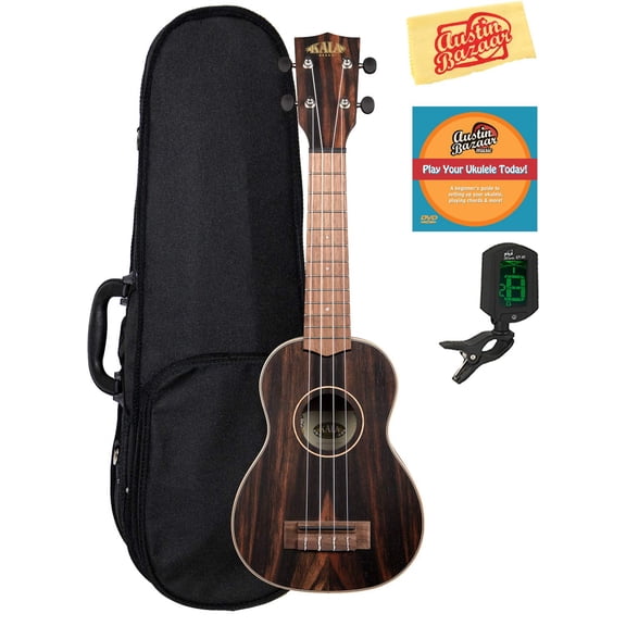 Kala KA-EBY-S Striped Ebony Soprano Ukulele Bundle with Hard Case, Tuner, Austin Bazaar Instructional DVD, and Polishing Cloth