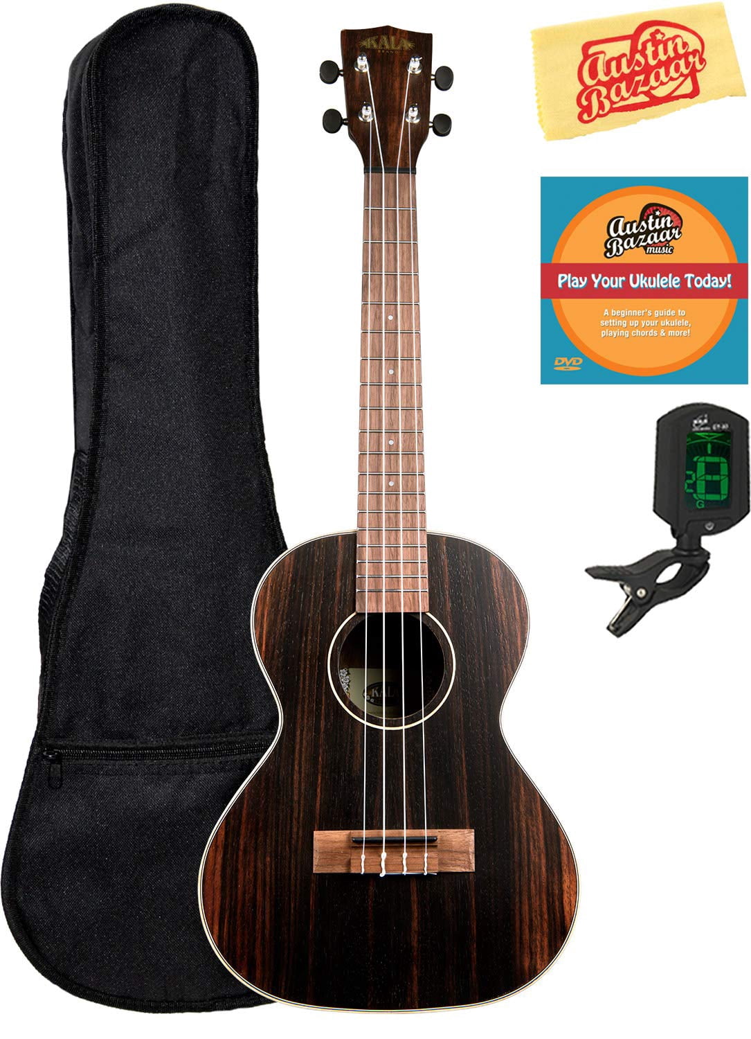 Kala KA-EBY-T Striped Ebony Tenor Ukulele Bundle with Gig Bag, Tuner, Austin Bazaar Instructional DVD, and Polishing Cloth