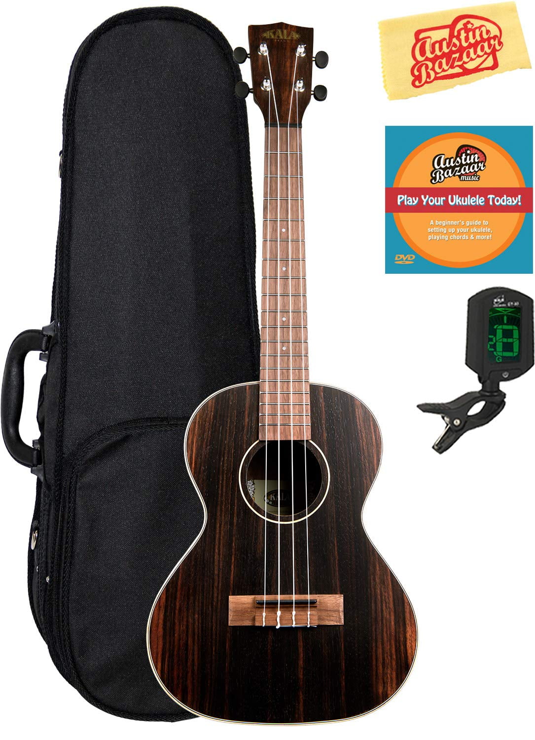 Kala KA-EBY-T Striped Ebony Tenor Ukulele Bundle with Hard Case, Tuner, Austin Bazaar Instructional DVD, and Polishing Cloth
