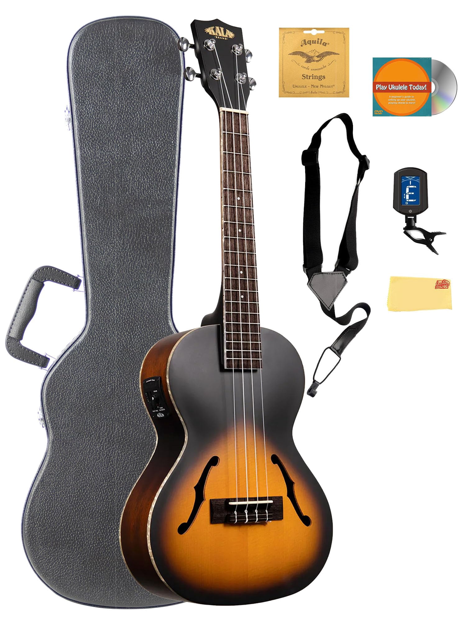 Kala KA-JTE/2TS Archtop Tobacco Burst Tenor Ukulele Rosewood Update Bundle with Case, Tuner, Aquila Strings, Strap, Austin Bazaar Instructional DVD, and Polishing Cloth