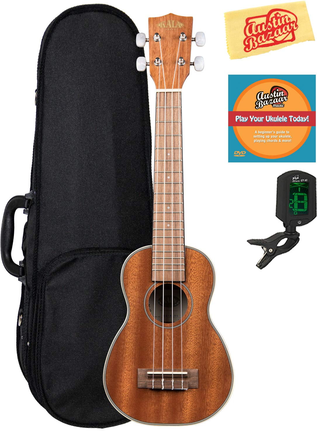 Kala KA-SLNG Mahogany Soprano Long Neck Ukulele Bundle with Hard Case, Tuner, and Polishing Cloth