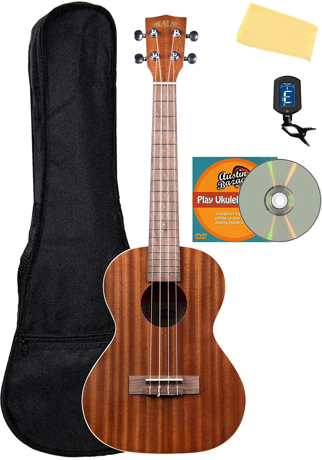 Kala KA-T Mahogany Tenor Ukulele Bundle with Gig Bag, Tuner, Austin Bazaar Instructional DVD, and Polishing Cloth