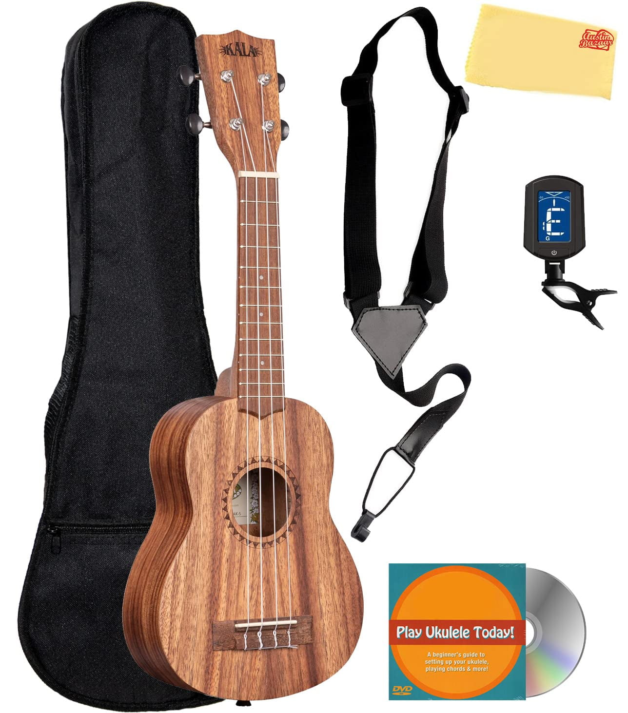 Kala KA-TEAK-S Teak Soprano Ukulele with Gig Bag, Strap, Tuner, Austin Bazaar Instructional DVD, and Polishing Cloth