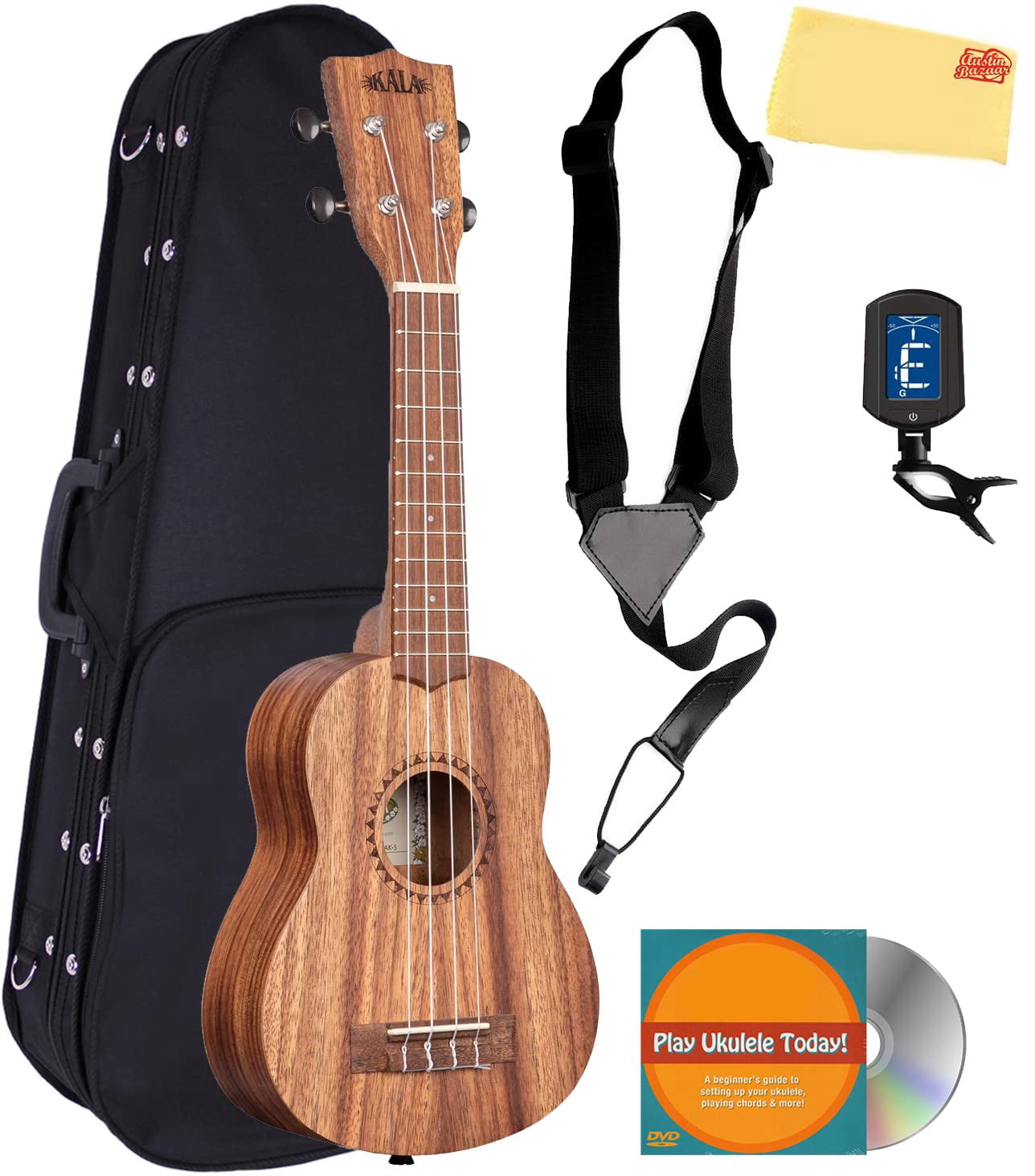 Kala KA-TEAK-S Teak Soprano Ukulele with Hard Case, Strap, Tuner, Austin Bazaar Instructional DVD, and Polishing Cloth