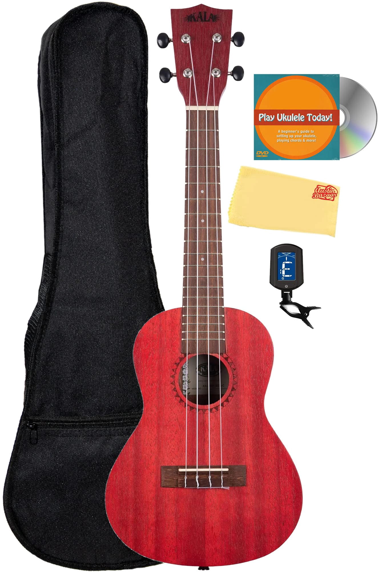 Kala MRT-RED-C, Modern Meranti in Watercolors Ukulele - Adobe Red Concert Bundle with Gig Bag, Tuner, DVD, and Austin Bazaar Polishing Cloth