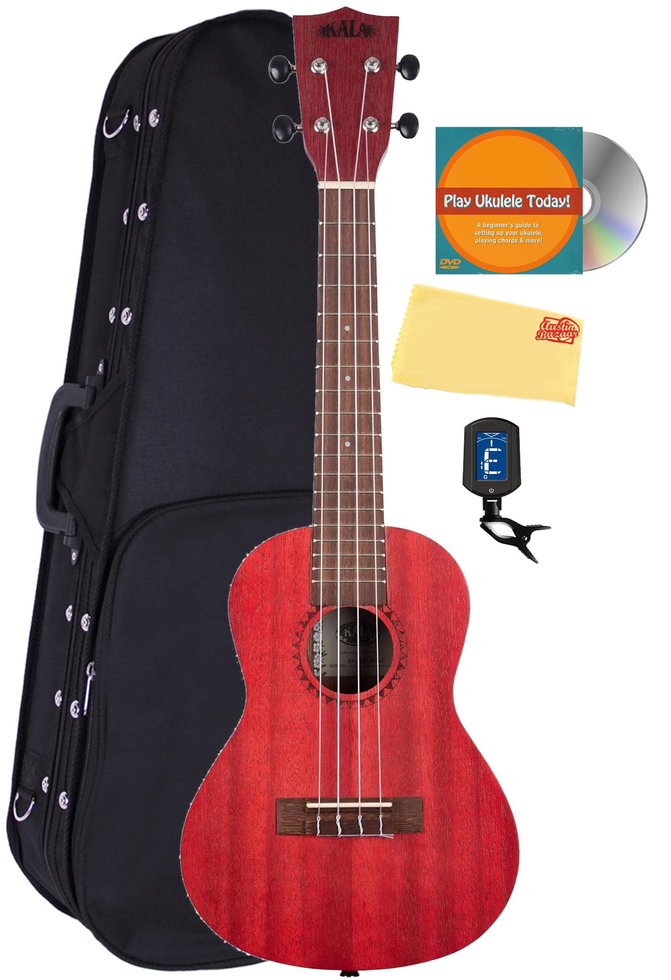 Kala MRT-RED-C Watercolor Meranti Concert Ukulele - Adobe Red Bundle with Hard Case, Tuner, DVD, and Austin Bazaar Polishing Cloth