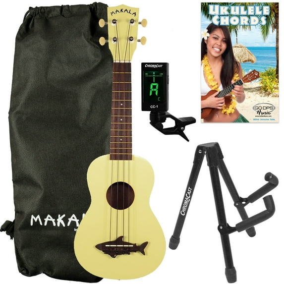 Kala Makala Shark Series Yellow Coral Soprano Ukulele with Bag, Stand, Clip-On Tuner, Bag & Lesson-Chord Guide