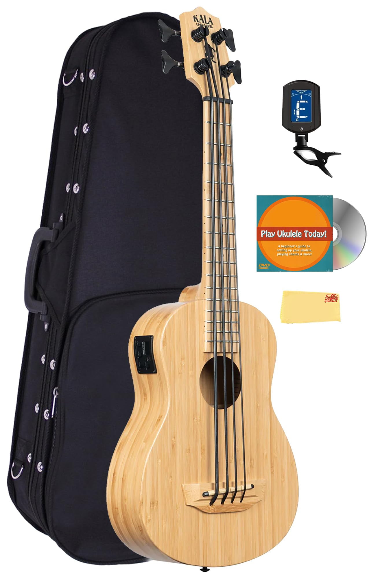 Kala UBASS-BMB-FS Bamboo Fretted Acoustic-Electric U-Bass Bundle with Case, Tuner, Austin Bazaar Instructional DVD, and Polishing Cloth
