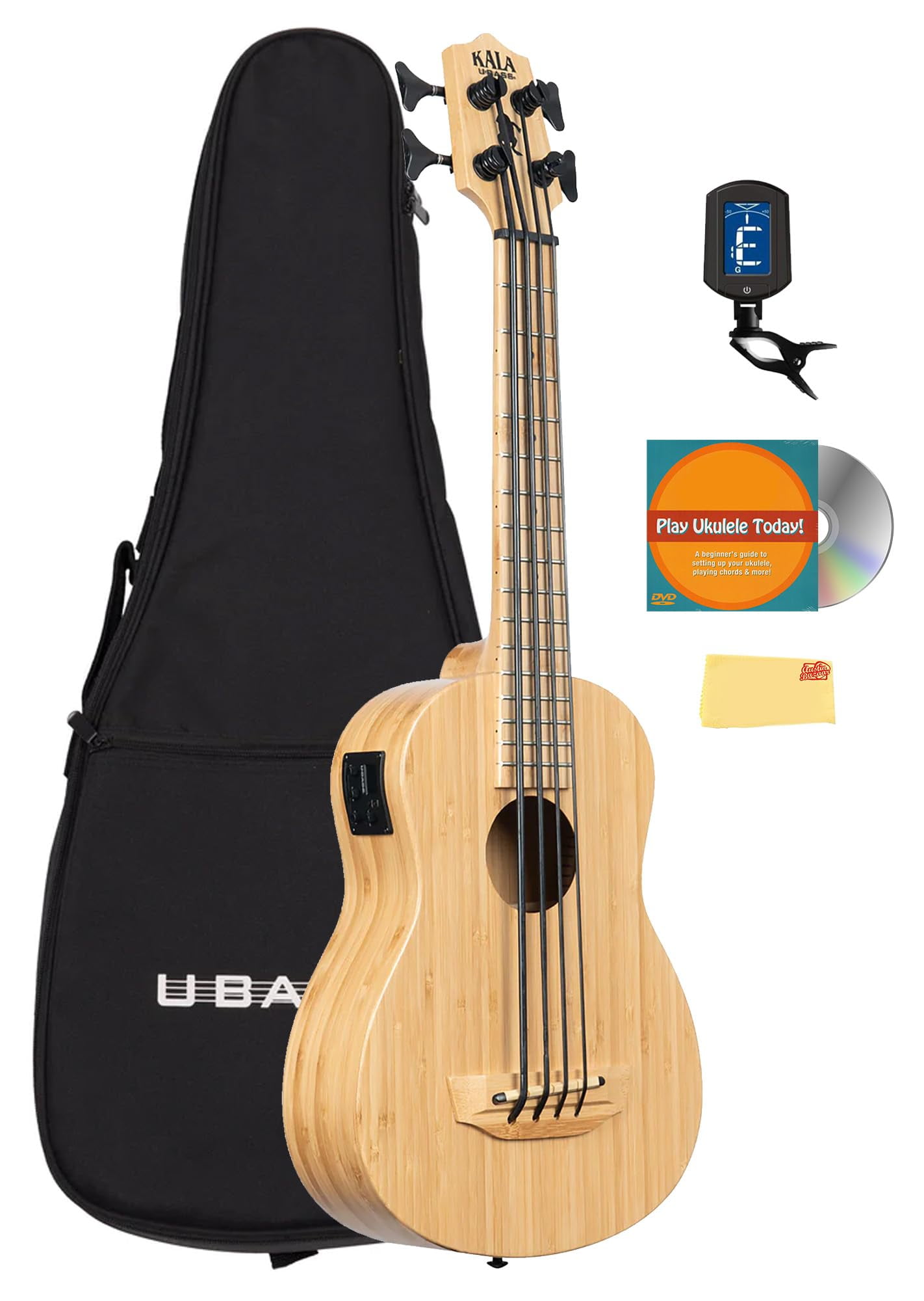 Kala UBASS-BMB-FS Bamboo Fretted Acoustic-Electric U-Bass Bundle with Gig Bag, Tuner, Austin Bazaar Instructional DVD, and Polishing Cloth