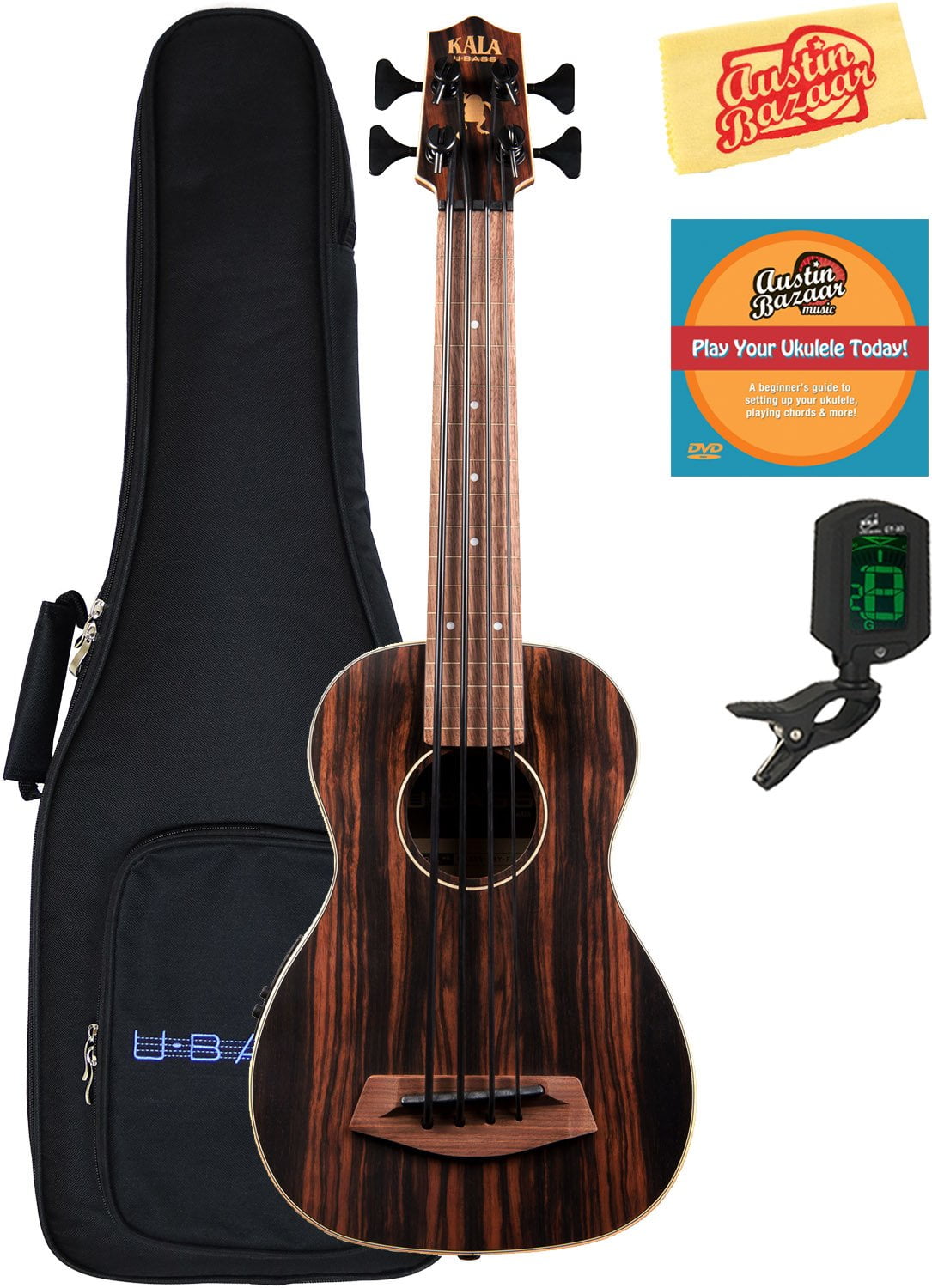 Kala UBASS-EBY-FL Striped Ebony Fretless Acoustic-Electric U-Bass Ukulele Bundle with Gig Bag, Tuner, Austin Bazaar Instructional DVD, and Polishing Cloth