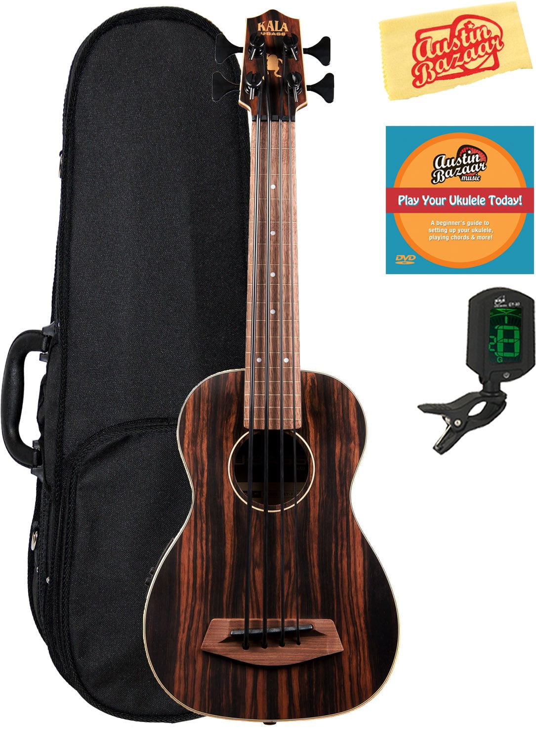Kala UBASS-EBY-FL Striped Ebony Fretless Acoustic-Electric U-Bass Ukulele Bundle with Hard Case, Tuner, Austin Bazaar Instructional DVD, and Polishing Cloth
