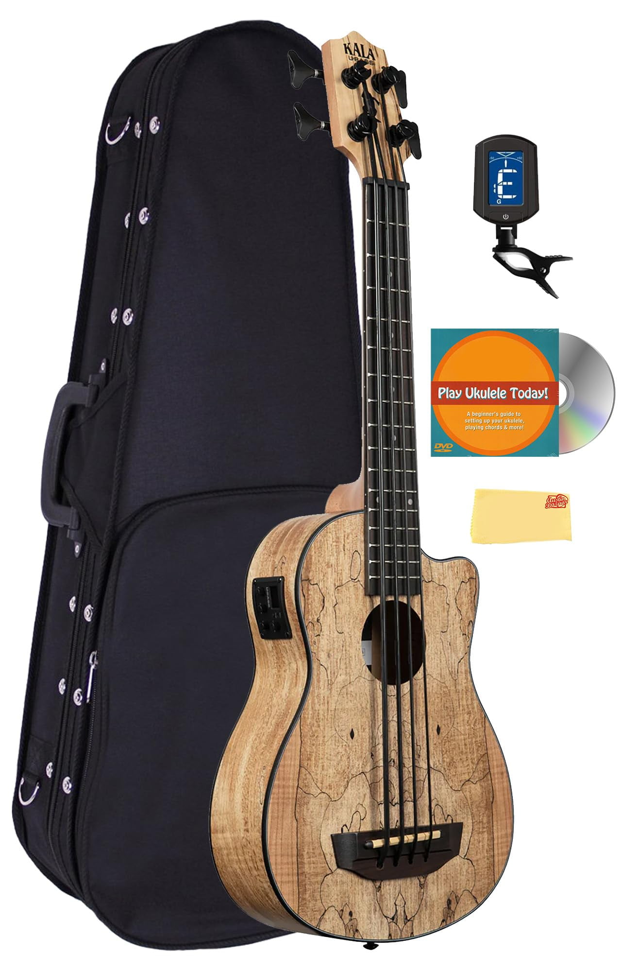 Kala UBASS-SP-MAPL-FS Spalted Maple Acoustic-Electric U-Bass Bundle with Case, Tuner, Austin Bazaar Instructional DVD, and Polishing Cloth