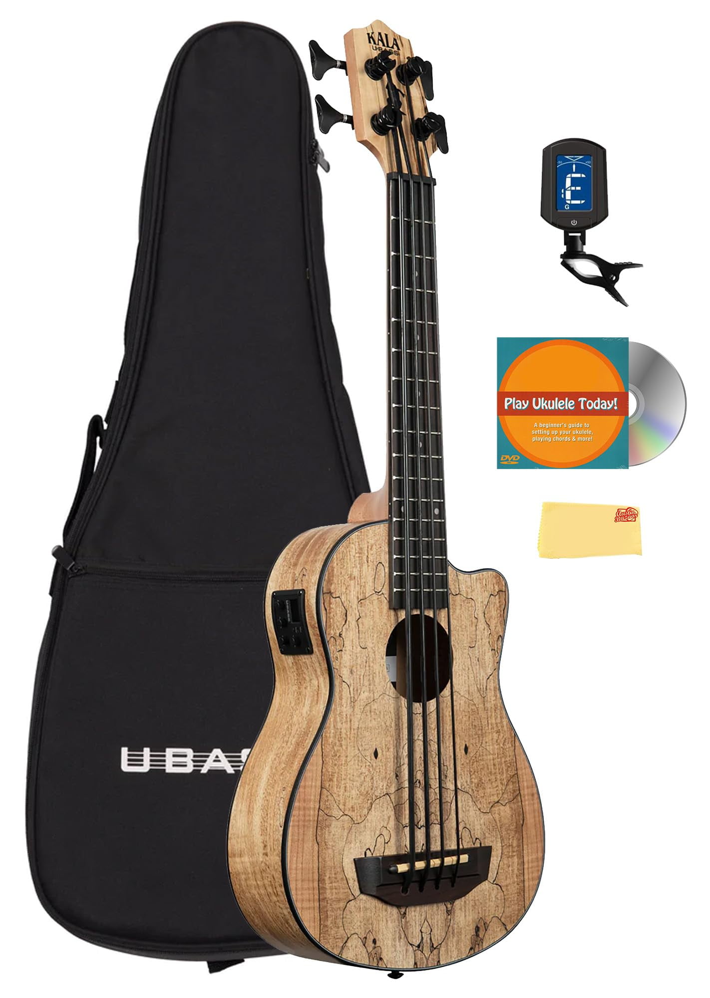 Kala UBASS-SP-MAPL-FS Spalted Maple Acoustic-Electric U-Bass Bundle with Gig Bag, Tuner, Austin Bazaar Instructional DVD, and Polishing Cloth