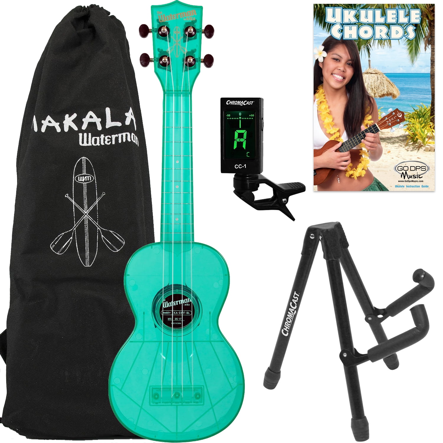 Kala Waterman Fluorescent Blue Raspberry Soprano Ukulele with Bag