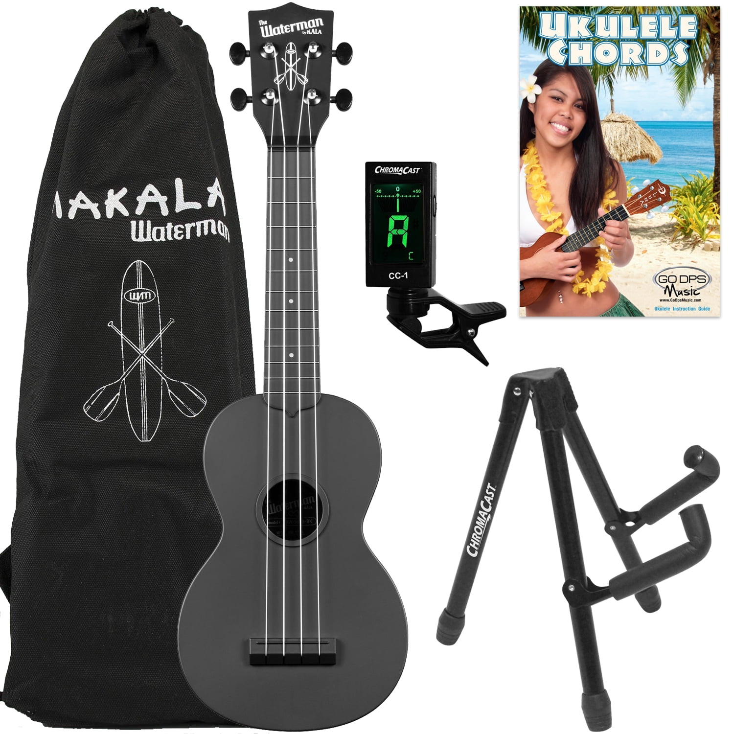 Kala Waterman Matte Black Soprano Ukulele with Bag, Stand, ClipOn