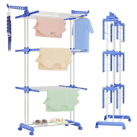 Kalageen Clothes Drying Clothes Rack, Large 4-Tier Foldable Drying Rack Clothing, Movable Drying Rack with 4 castors. Multifunctional Stainless Steel Laundry Drying Rack, Blue