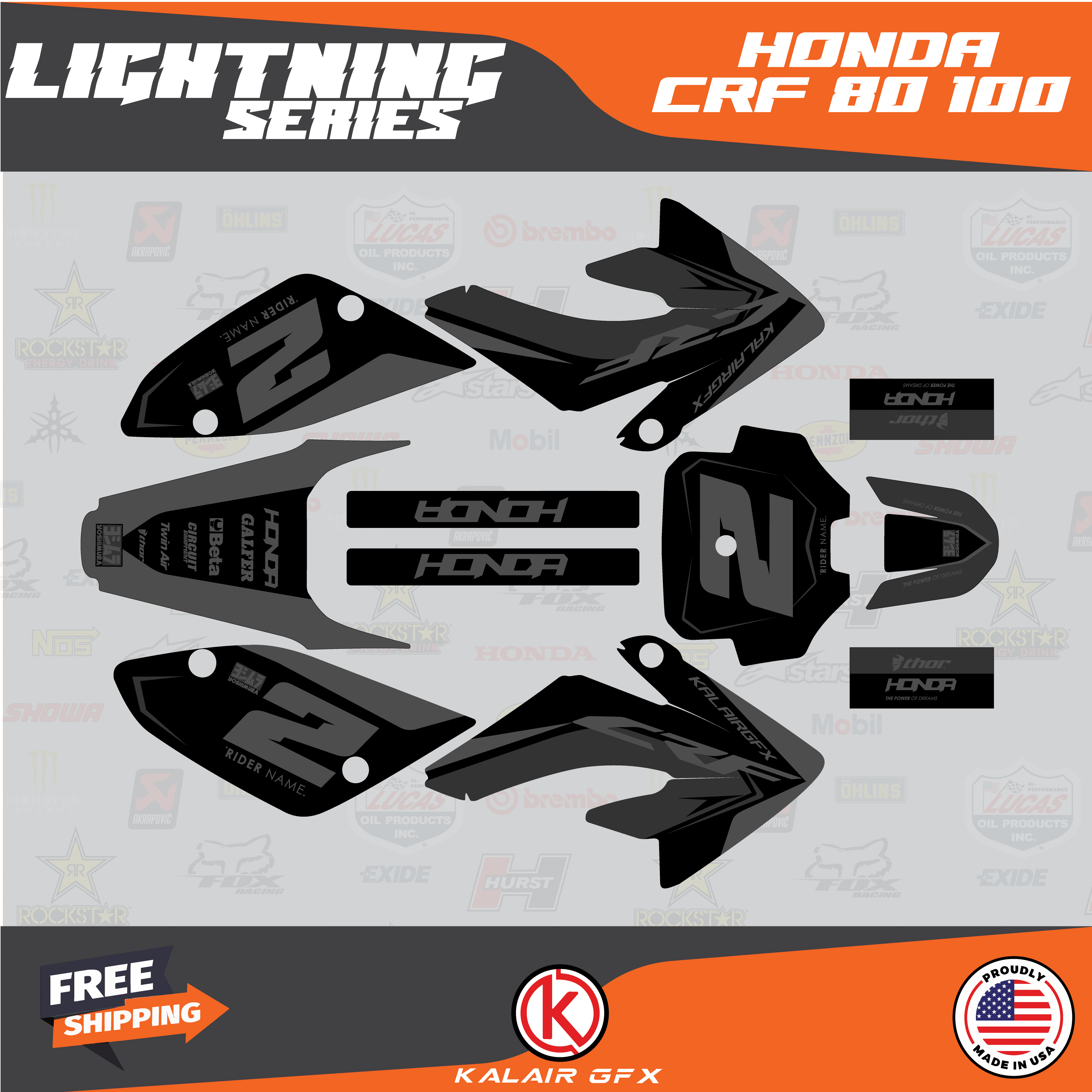 Kalair GFX Graphics Kit for Honda CRF100 (2004-2010) Lightning Series ...