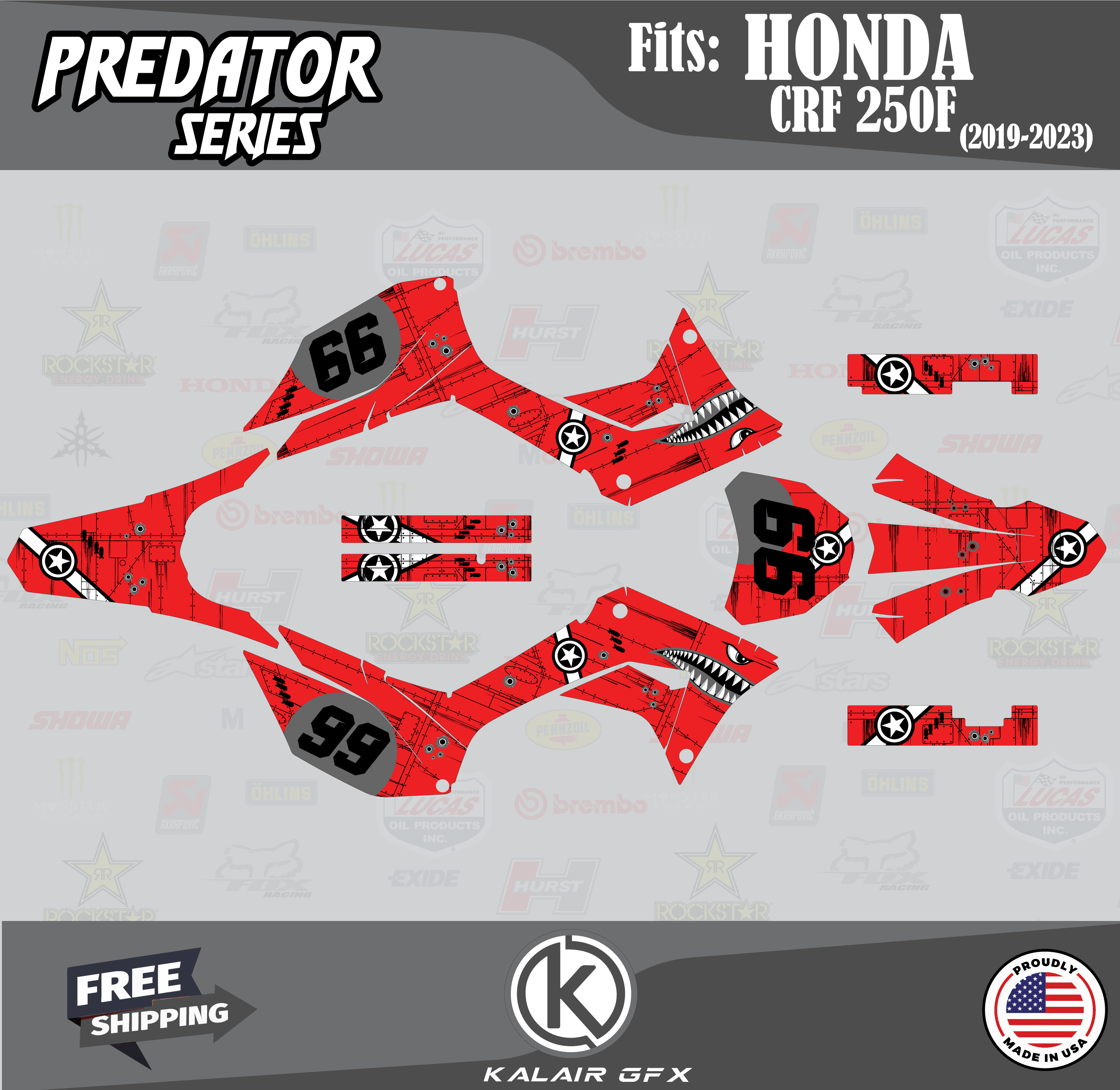 Kalair GFX Graphics Kit for Honda CRF250F (2019-2024) Predator Series ...