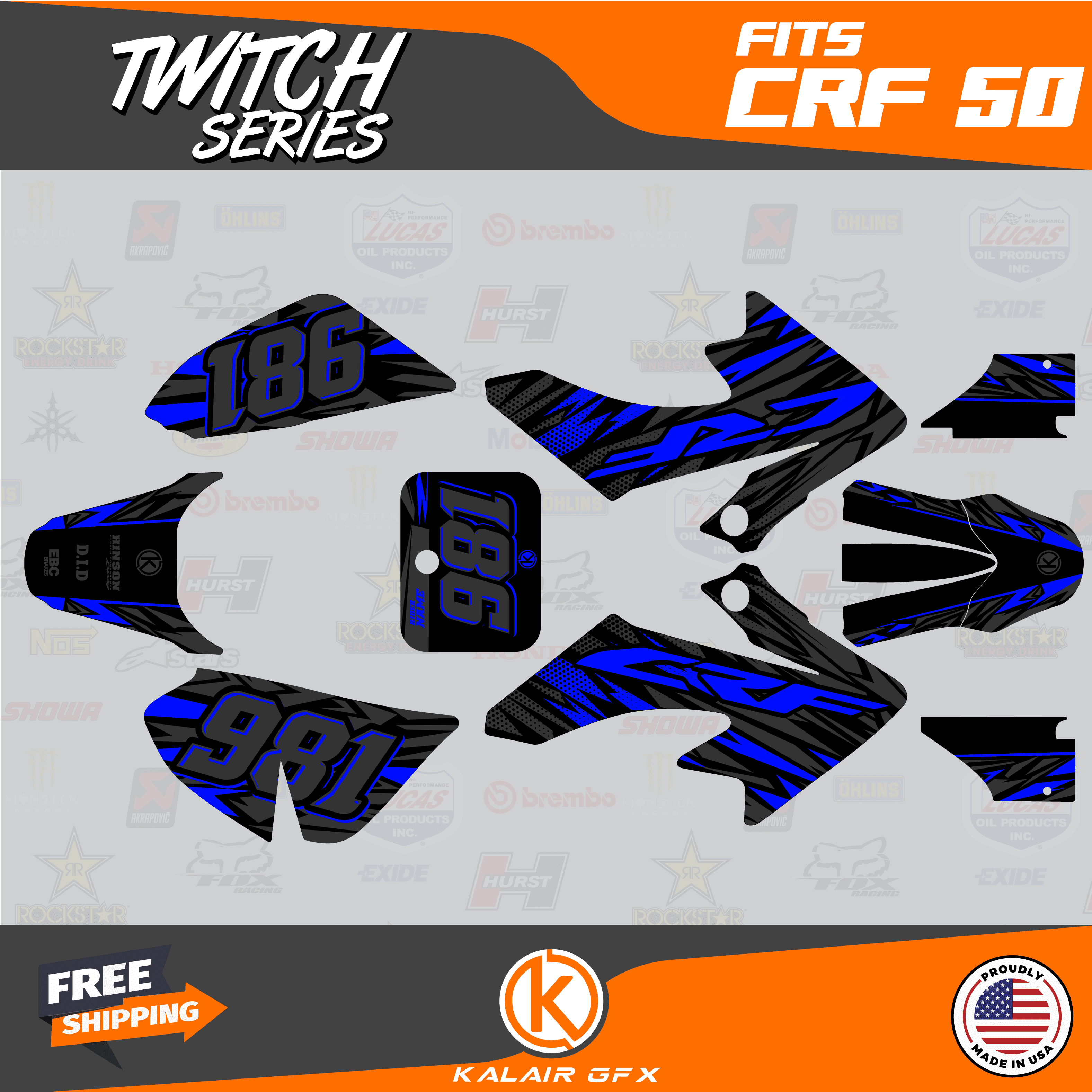 Graphics Kit for Honda CRF50 (2004-2012) or (2013+) Evo - Red Blue