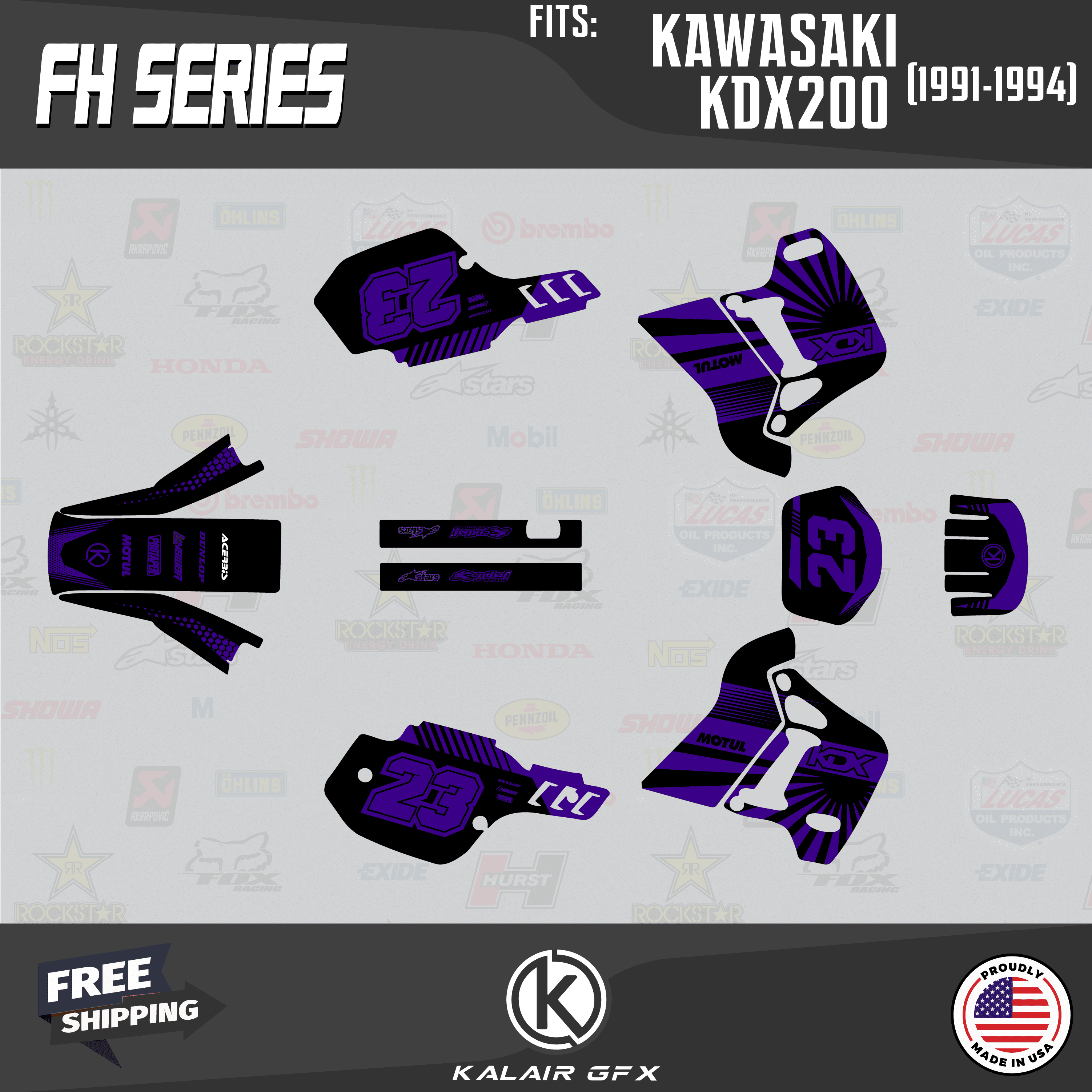 Kalair GFX Graphics Kit for Kawasaki KDX200 (1991-1994) Fh