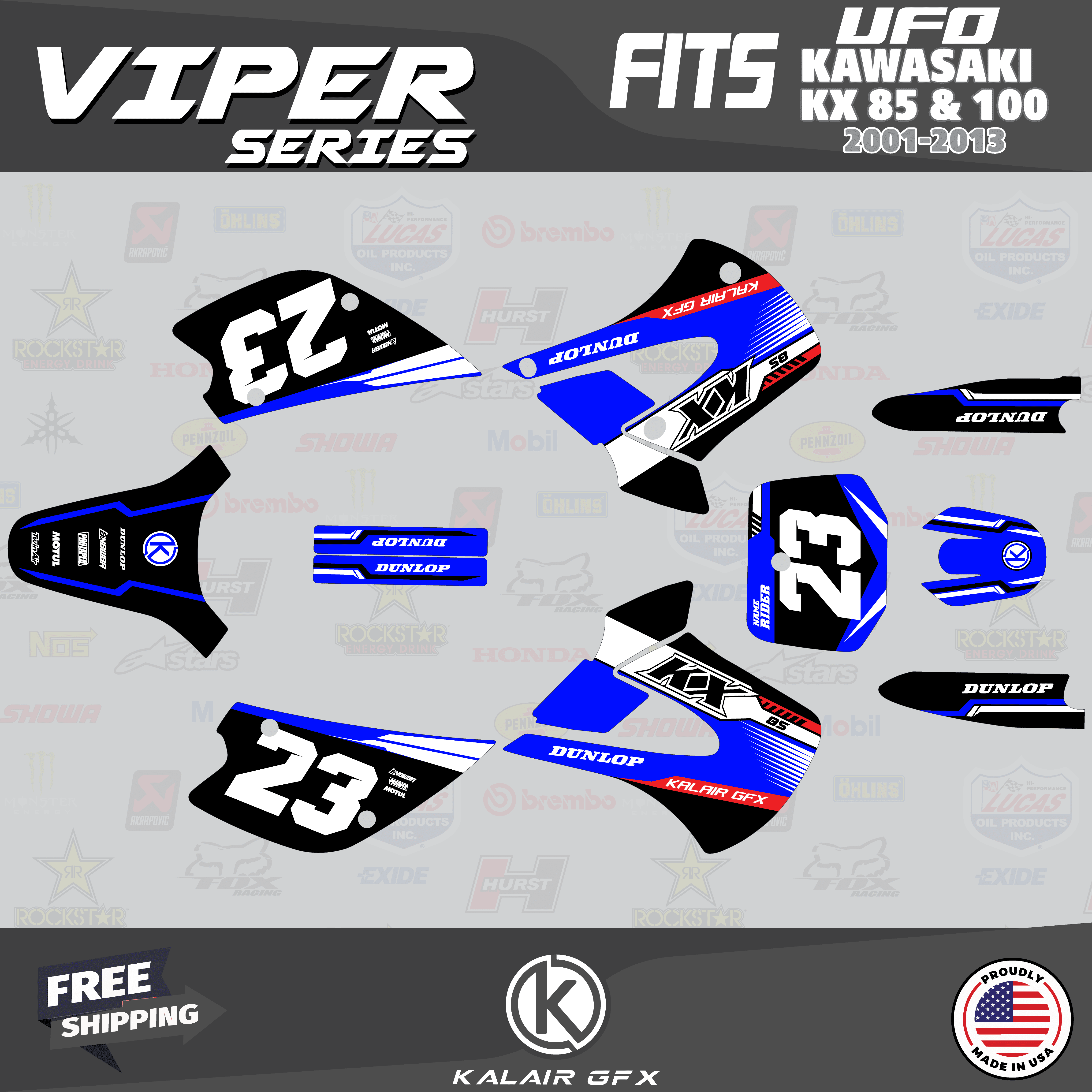 Kalair GFX Graphics Kit for Kawasaki KX100 UFO RESTYLE (2001-2013 ...