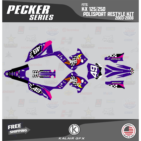 Kalair GFX Graphics Kit for Kawasaki KX125 POLISPORT RESTYLE (2003-2008) Pecker Series
