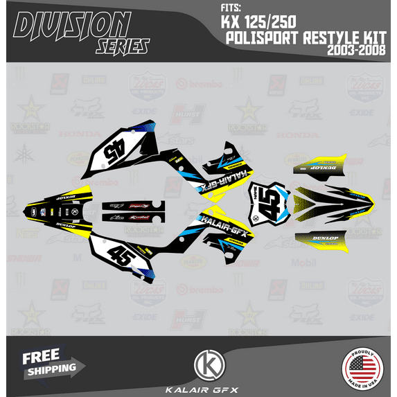 Kalair GFX Graphics Kit for Kawasaki KX250 POLISPORT RESTYLE (2003-2008) Division Series