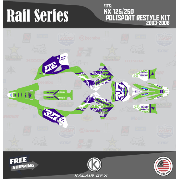 Kalair GFX Graphics Kit for Kawasaki KX250 POLISPORT RESTYLE (2003-2008) Rail Series