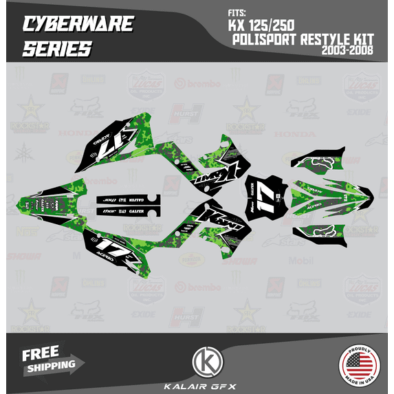 Kalair GFX Graphics Kit for Kawasaki KX250 Polisport Restyle (2003-2008) Cyberware Series