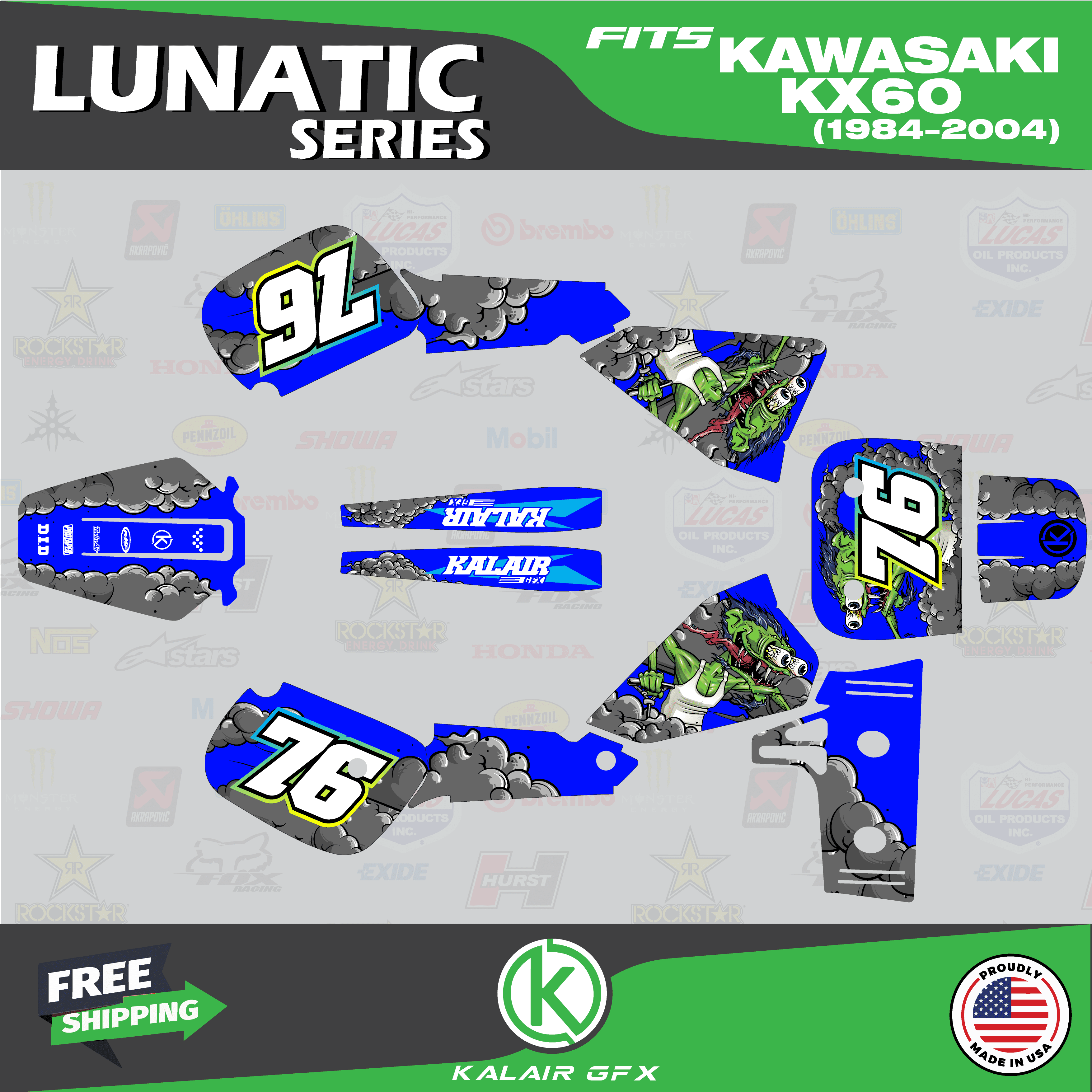 Kalair GFX Graphics Kit for Kawasaki KX60 (1984-2004) Lunatic Series ...