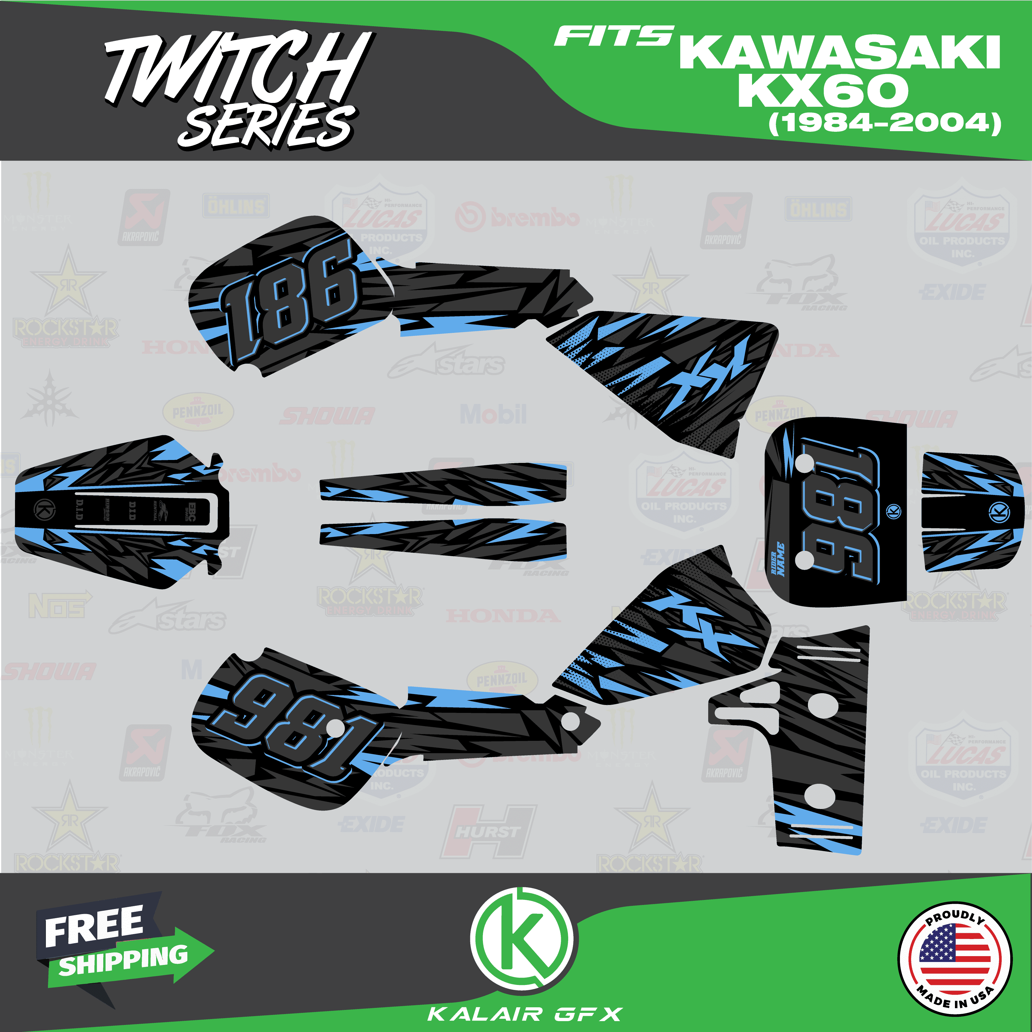 Kalair GFX Graphics Kit for Kawasaki KX60 (1984-2004) Twitch Series ...