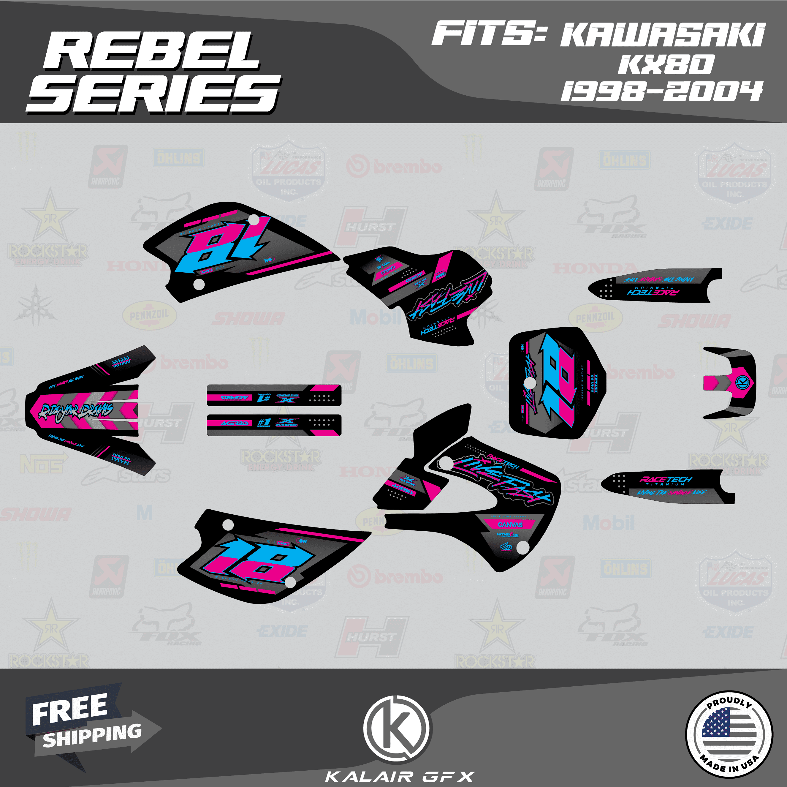 Kalair GFX Graphics Kit for Kawasaki KX80 (1998-2004) Rebel Series ...