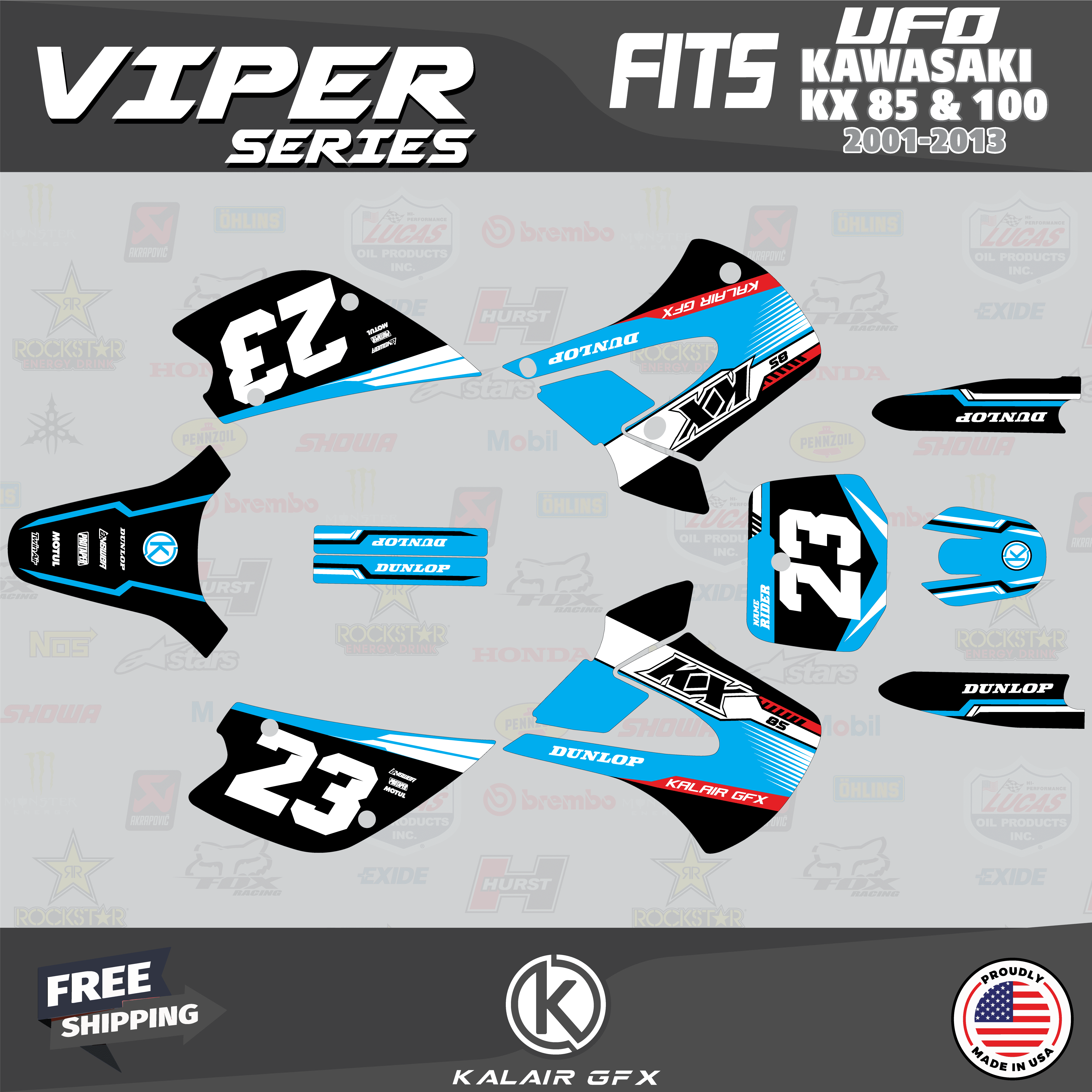 Kalair GFX Graphics Kit for Kawasaki KX85 UFO RESTYLE (2001-2013) Viper ...