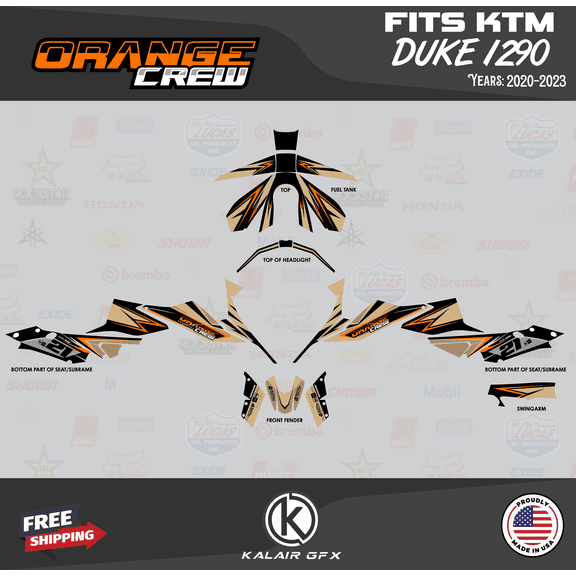 Kalair GFX Graphics Kit for Ktm 1290 SUPER DUKE R STREET BIKE (2020-2023) Orange-crew Series