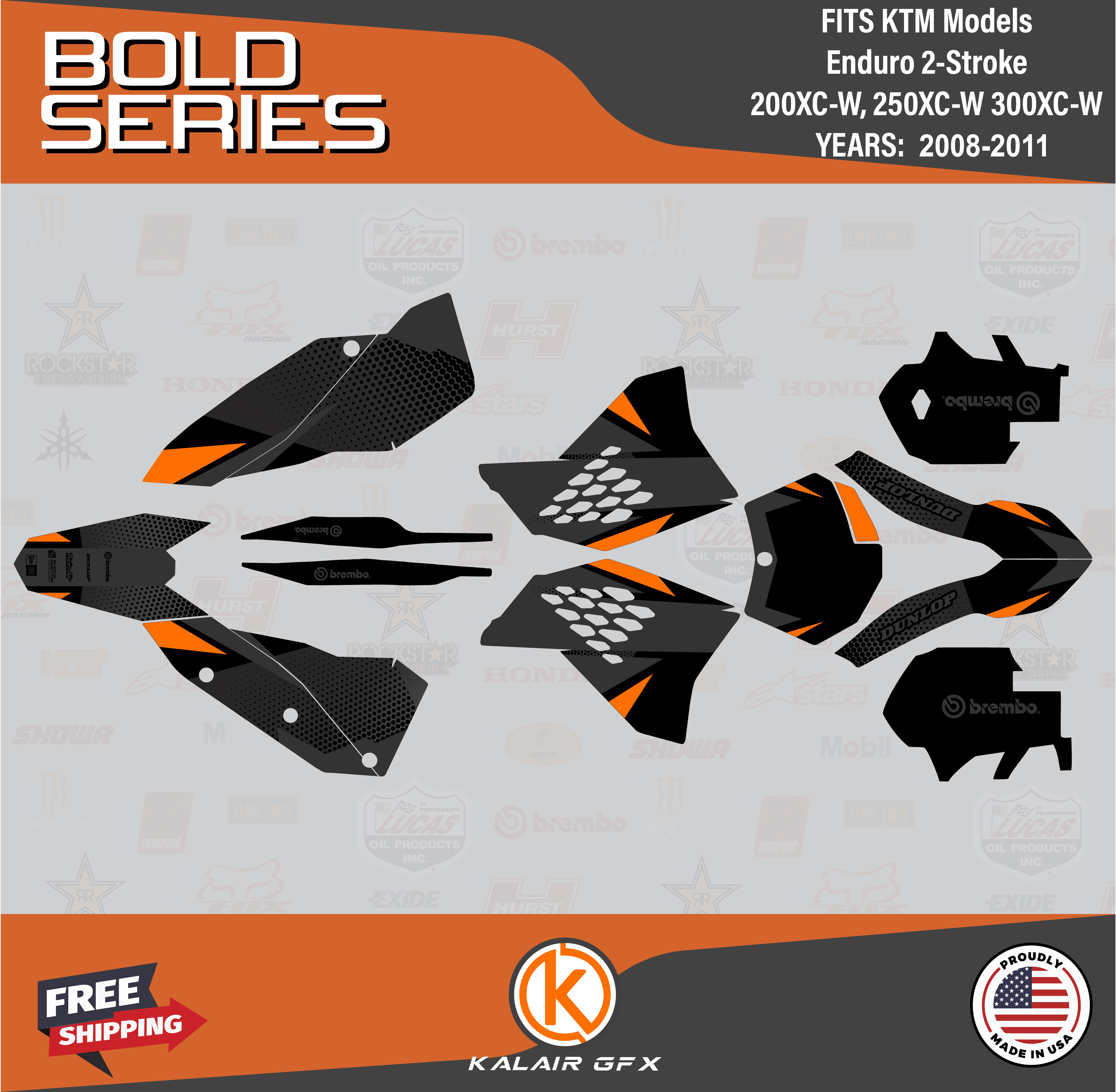 Kalair GFX Graphics Kit for Ktm ENDURO 2STROKE 200 XCW, 250 XCW, and