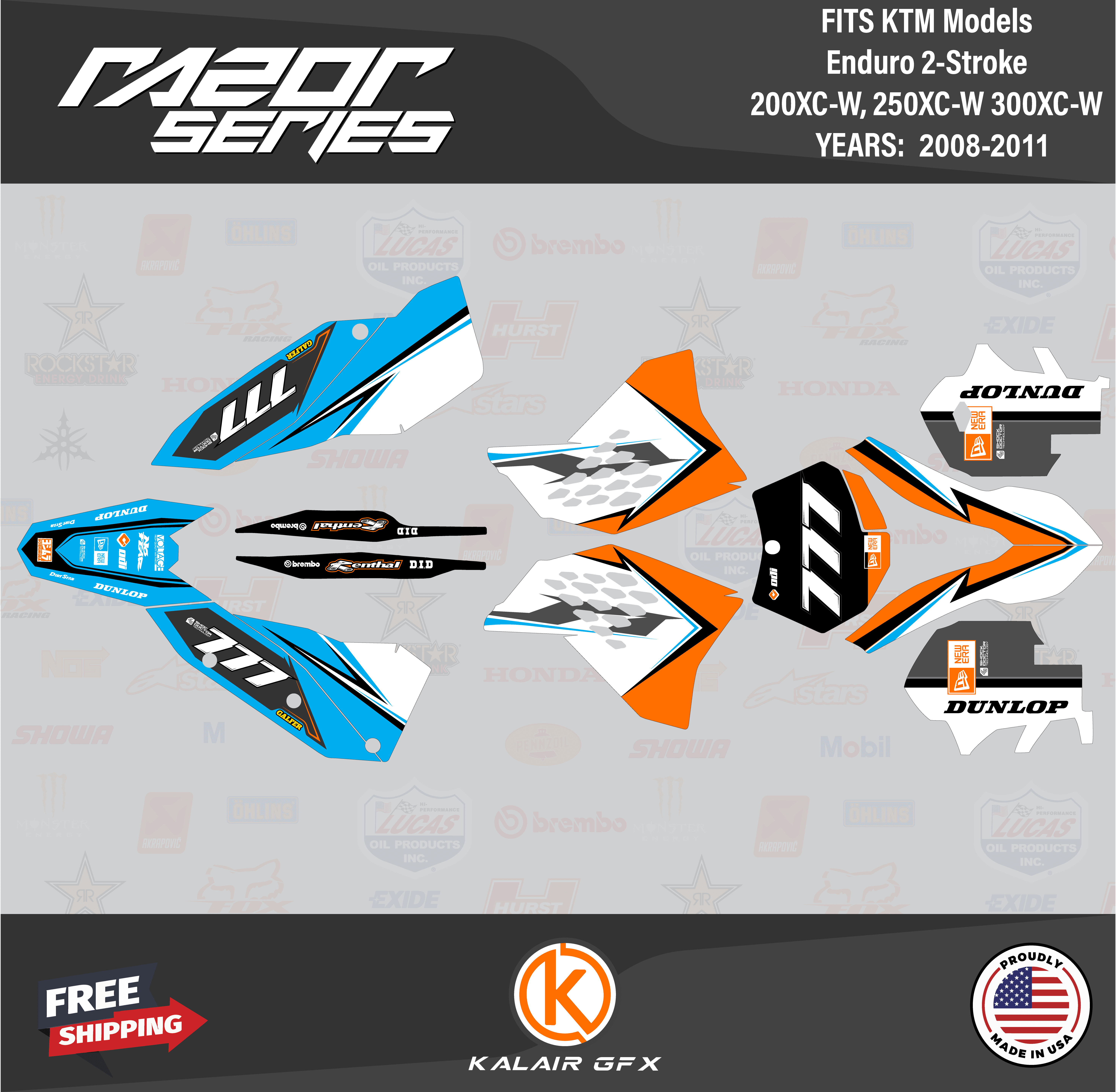 Kalair GFX Graphics Kit for Ktm ENDURO 2STROKE 200 XCW, 250 XCW, and