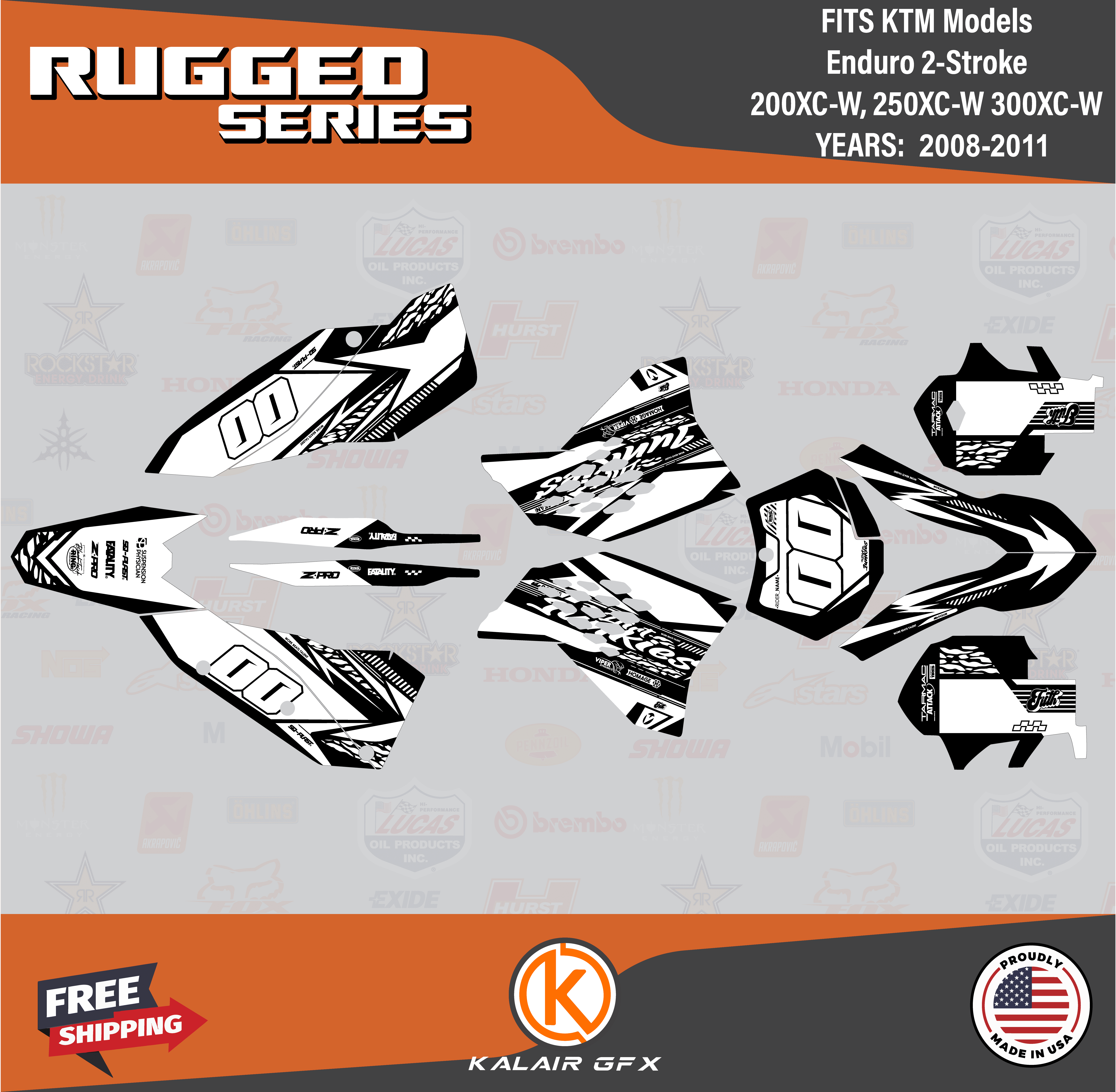 Kalair GFX Graphics Kit for Ktm ENDURO 2STROKE 200 XCW, 250 XCW, and