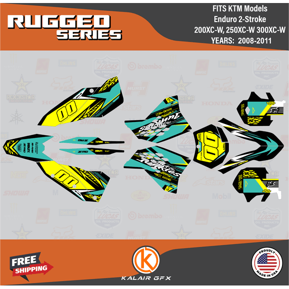 Kalair GFX Graphics Kit for Ktm ENDURO 2-STROKE 200 XC-W, 250 XC-W, and 300 XC-W (2008-2011) Rugged Series