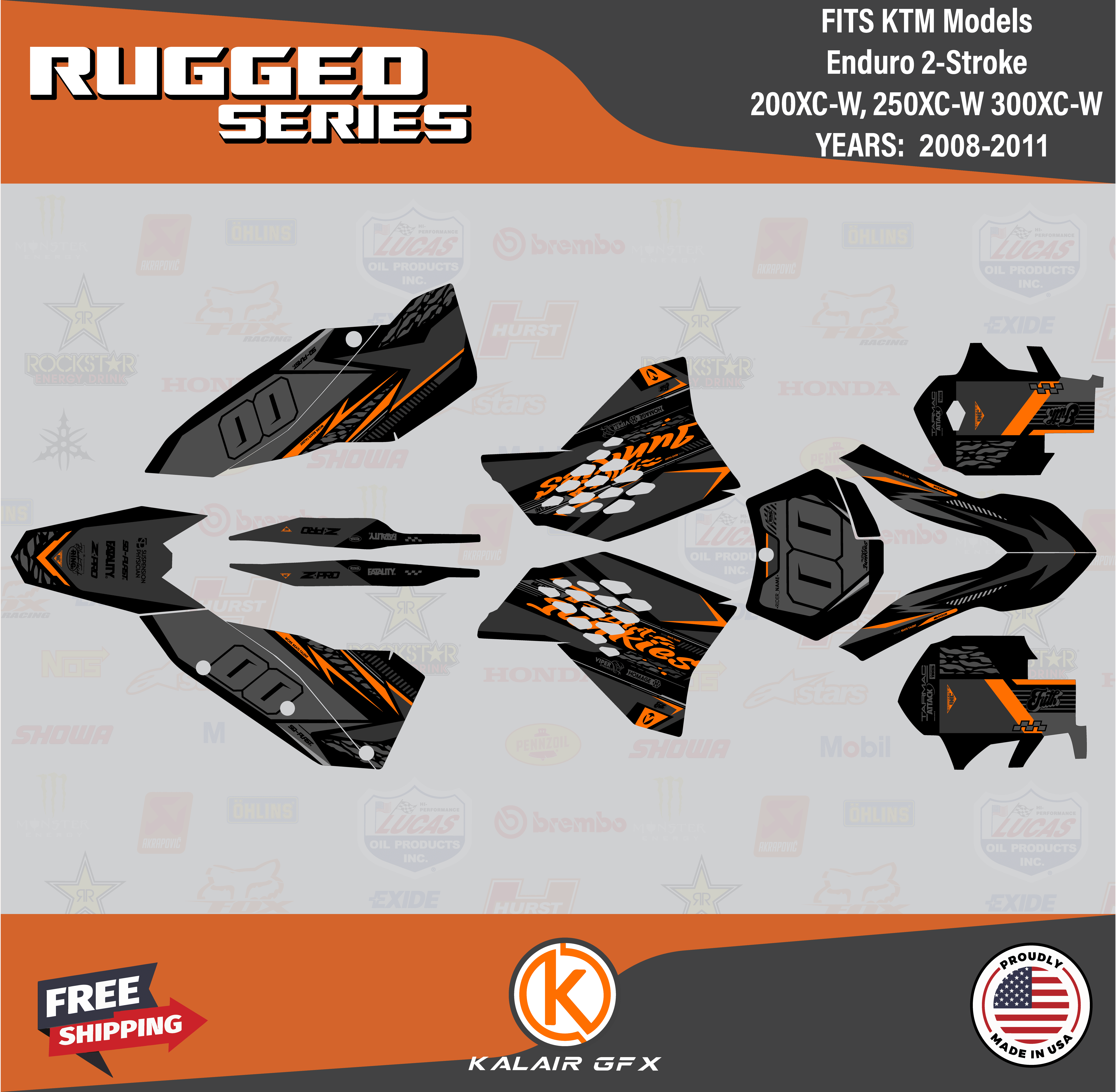Kalair GFX Graphics Kit for Ktm ENDURO 2STROKE 200 XCW, 250 XCW, and