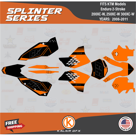 Kalair GFX Graphics Kit for Ktm ENDURO 2-STROKE 200 XC-W, 250 XC-W, and 300 XC-W (2008-2011) Splinter Series