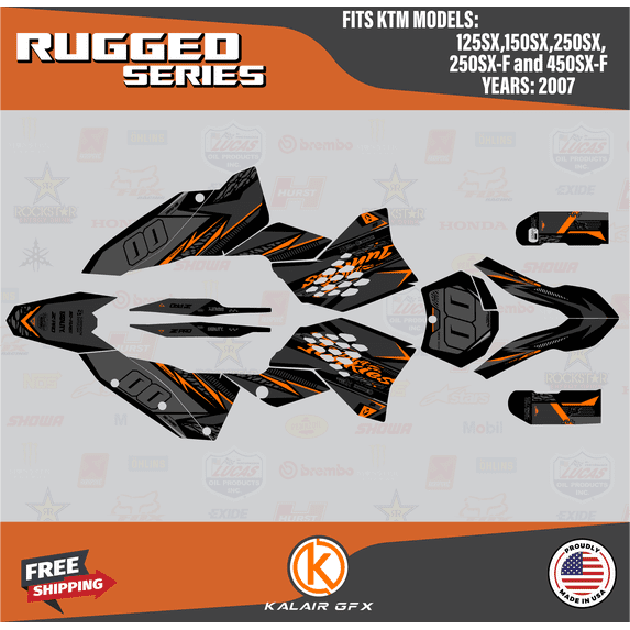 Kalair GFX Graphics Kit for Ktm Motocross 2-STROKE 125SX, 150SX and 250SX (2007) Rugged Series