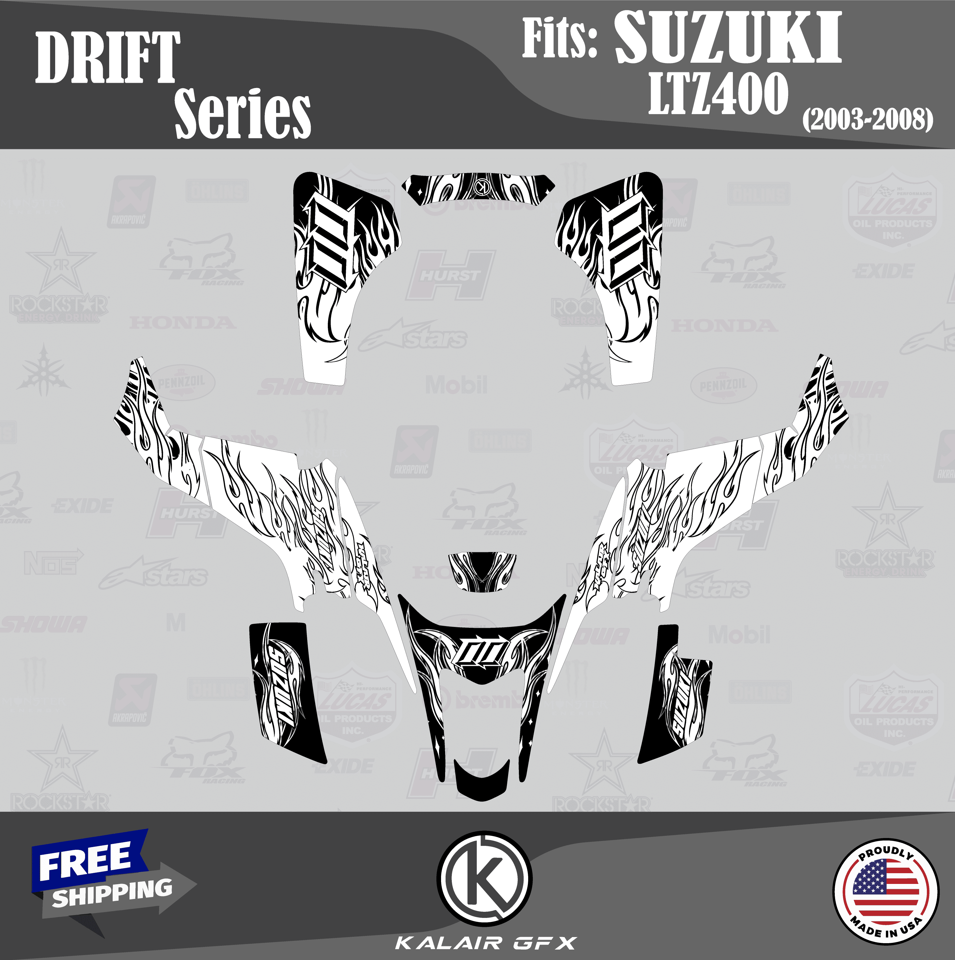 Kalair GFX Graphics Kit for Suzuki ATV LTZ400 (2003-2008) Drift Series ...