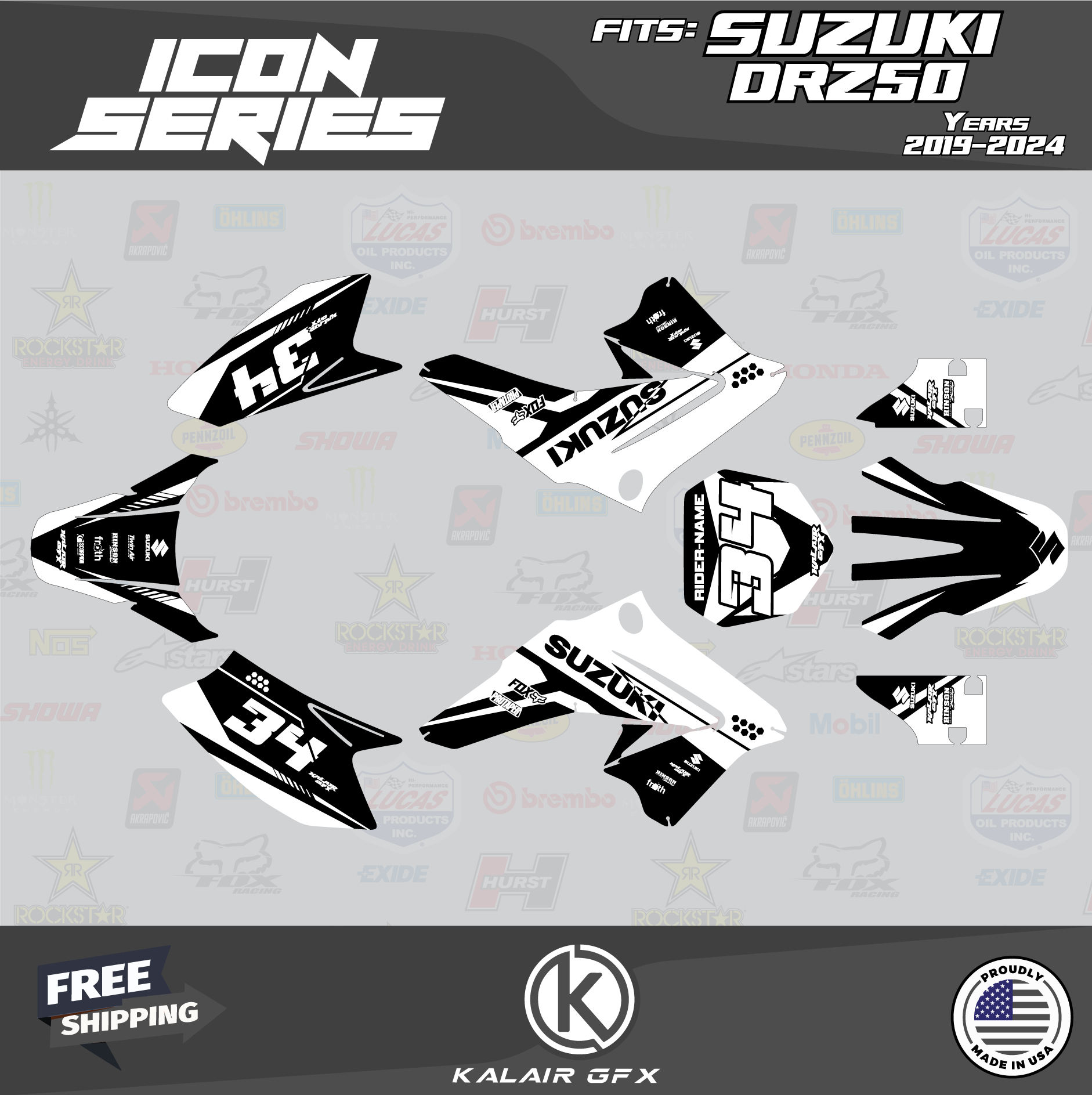 Dirt Bike Graphics Kit For Suzuki DRZ125 (2001-2007) - Custom Decals, No Plastics Included